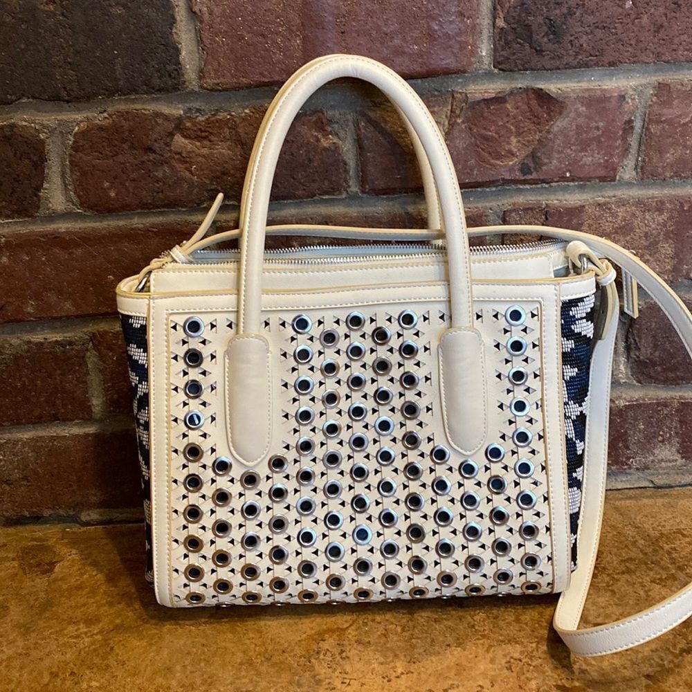 Sam Edelman Ashton cream and metallic rings zip top crossbody Satchel hand bag